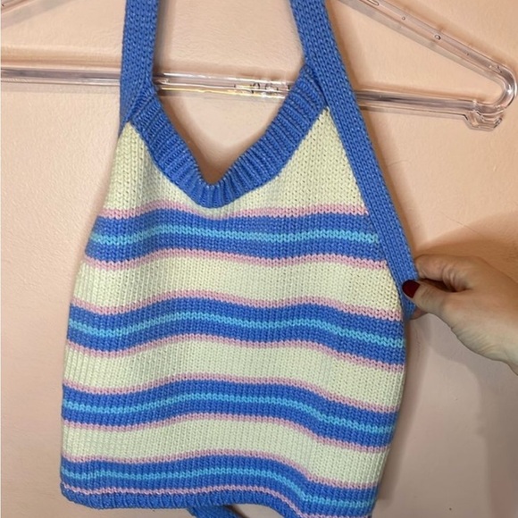 Striped Knit Halter Top in Blue and Cream - Picture 1 of 1